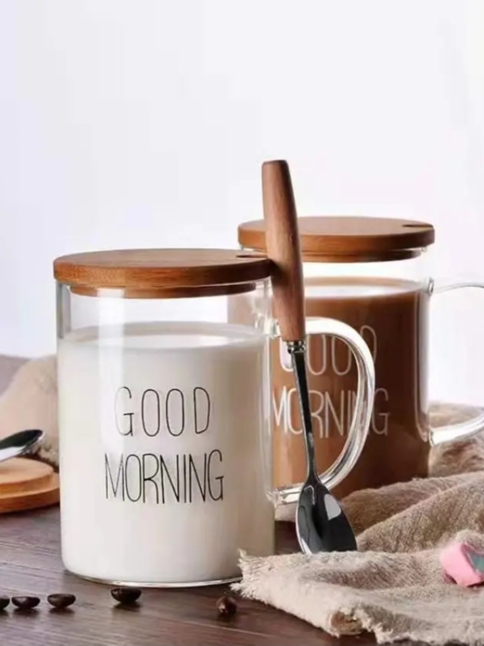 Good Morning Glass Coffee Mug with Bamboo Lid and Spoon - White